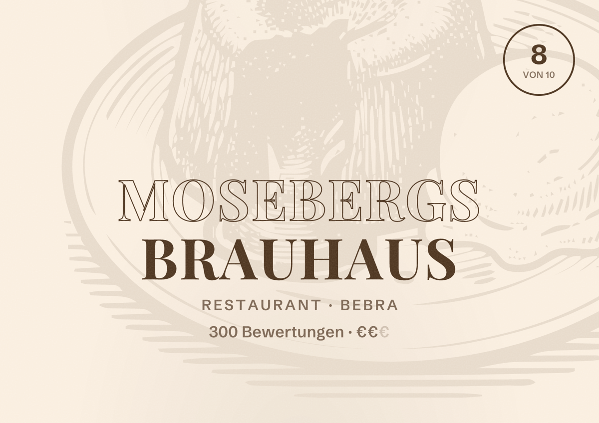 Illustriertes Poster von Mosebergs Brauhaus, Restaurant in Bebra: Bewertung 8 von 10 aus 300 Bewertungen, Preisniveau €€