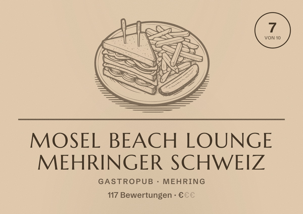 Illustriertes Poster von Mosel Beach Lounge Mehringer Schweiz, Gastropub in Mehring: Bewertung 7 von 10 aus 117 Bewertungen, Preisniveau €