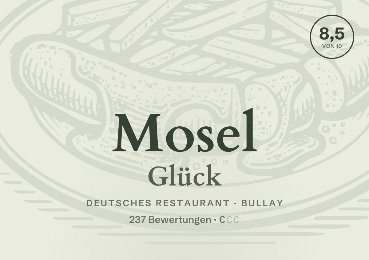 Illustriertes Poster von Mosel Glück, Deutsches Restaurant in Bullay: Bewertung 8,5 von 10 aus 237 Bewertungen, Preisniveau €