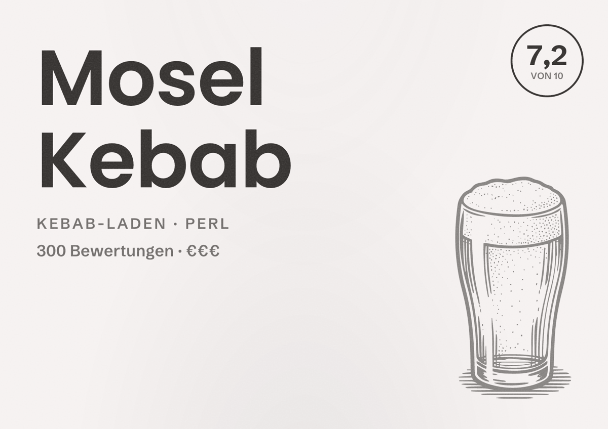 Illustriertes Poster von Mosel Kebab, Kebab-Laden in Perl: Bewertung 7,2 von 10 aus 300 Bewertungen, Preisniveau €€€