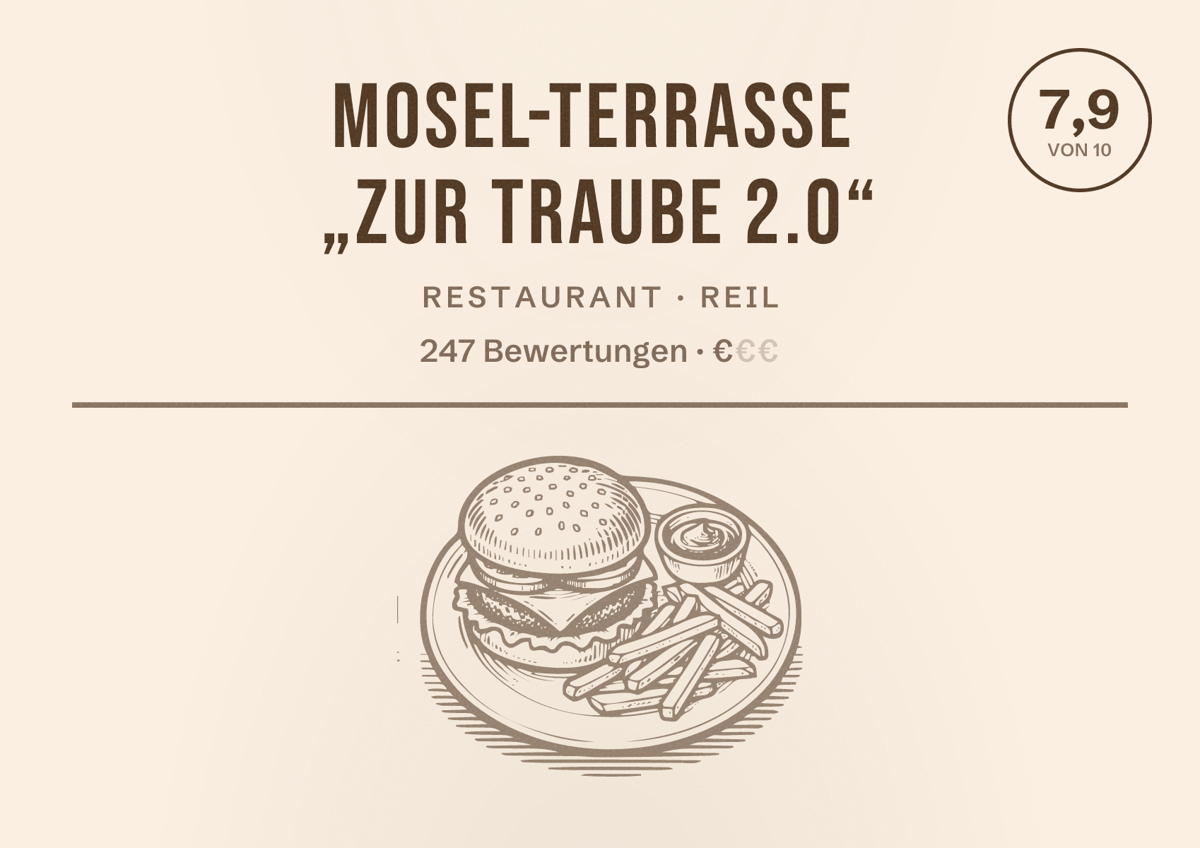 Illustriertes Poster von MOSEL-TERRASSE „zur Traube 2.0“, Restaurant in Reil: Bewertung 7,9 von 10 aus 247 Bewertungen, Preisniveau €
