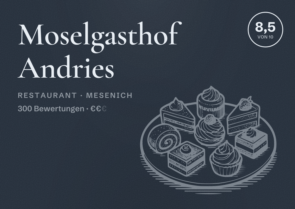 Illustriertes Poster von Moselgasthof Andries, Restaurant in Mesenich: Bewertung 8,5 von 10 aus 300 Bewertungen, Preisniveau €€