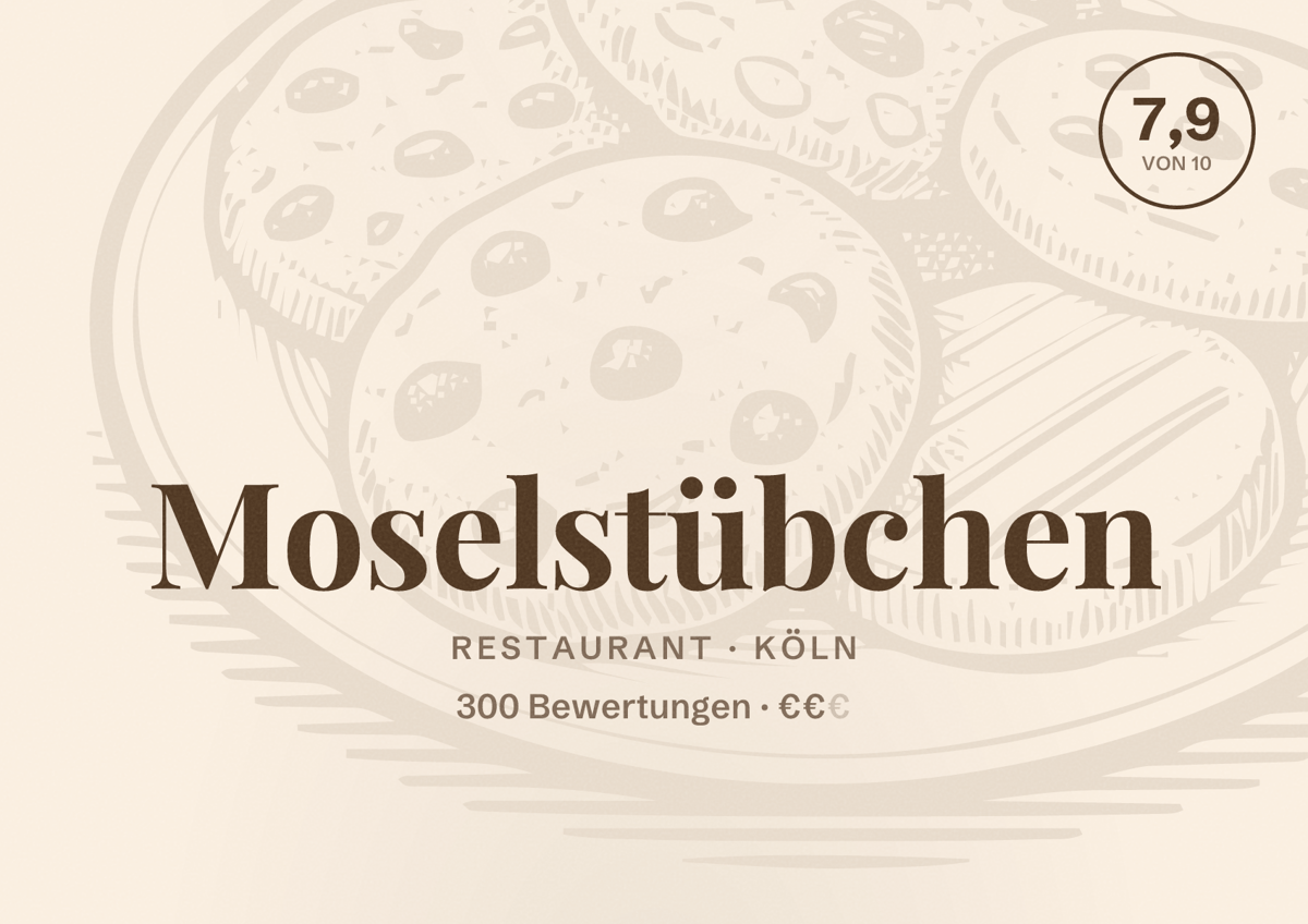Illustriertes Poster von Moselstübchen, Restaurant in Köln: Bewertung 7,9 von 10 aus 300 Bewertungen, Preisniveau €€