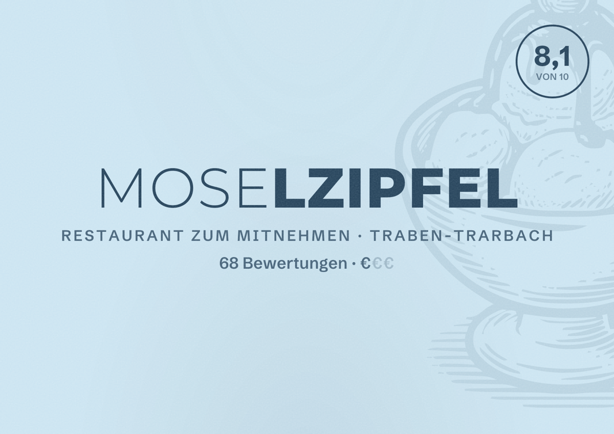 Illustriertes Poster von Moselzipfel, Restaurant zum Mitnehmen in Traben-Trarbach: Bewertung 8,1 von 10 aus 68 Bewertungen, Preisniveau €