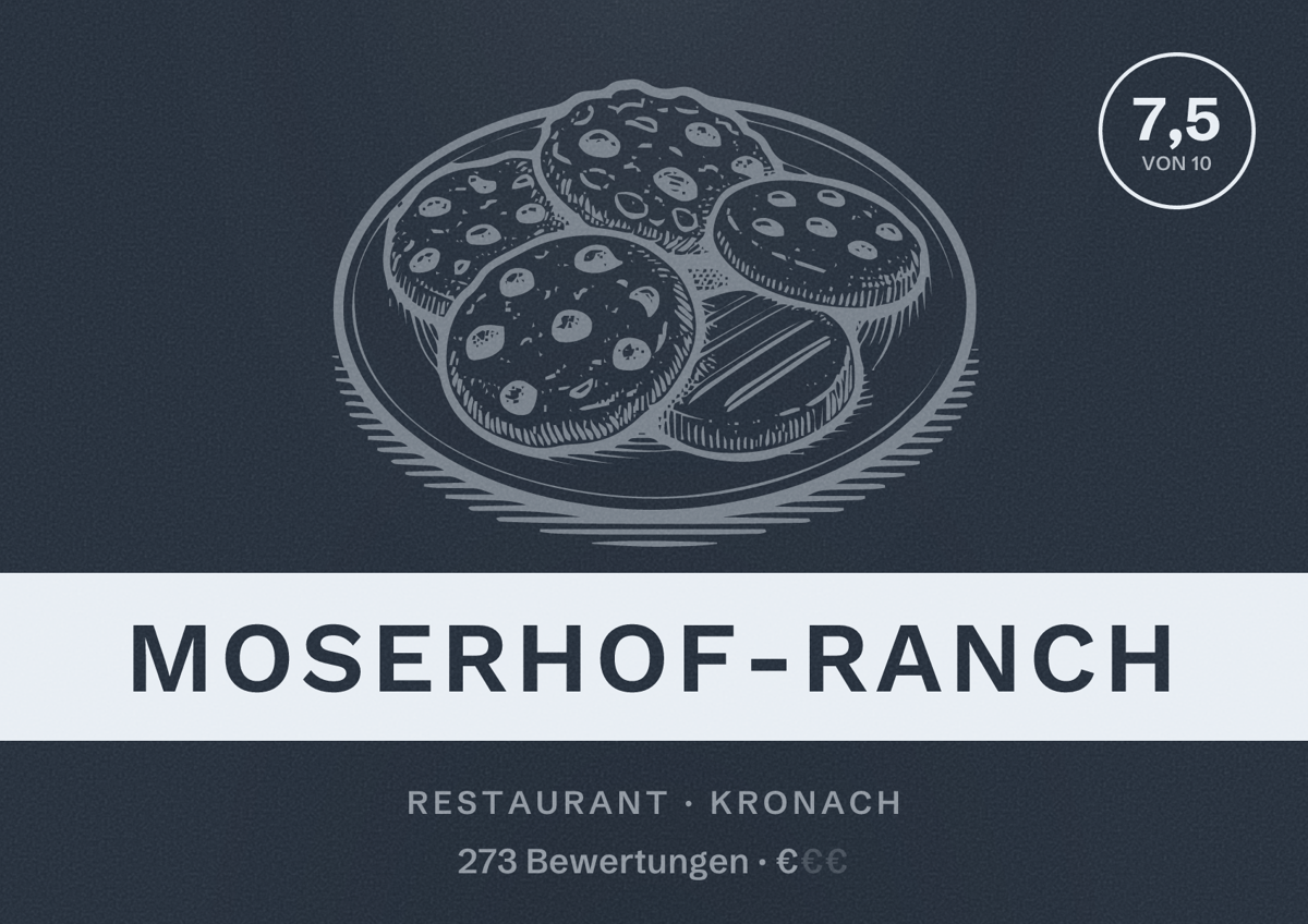 Illustriertes Poster von Moserhof-Ranch, Restaurant in Kronach: Bewertung 7,5 von 10 aus 273 Bewertungen, Preisniveau €