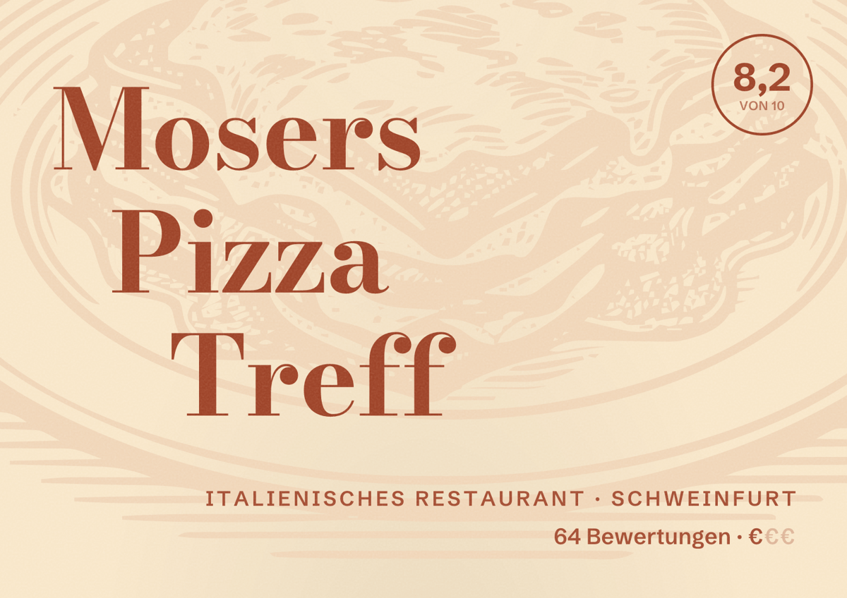 Illustriertes Poster von Mosers Pizza Treff, Italienisches Restaurant in Schweinfurt: Bewertung 8,2 von 10 aus 64 Bewertungen, Preisniveau €