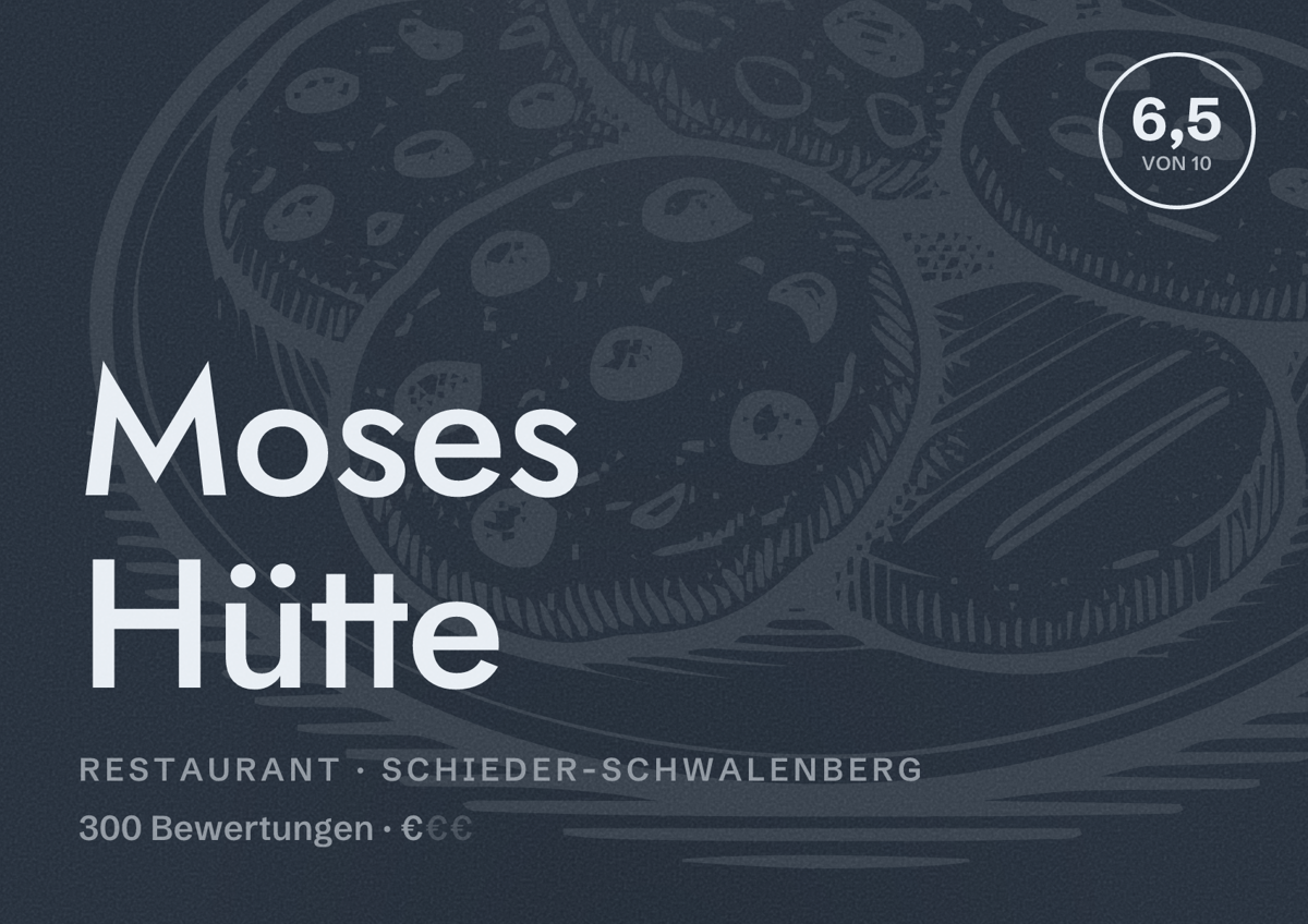 Illustriertes Poster von Moses Hütte, Restaurant in Schieder-Schwalenberg: Bewertung 6,5 von 10 aus 300 Bewertungen, Preisniveau €
