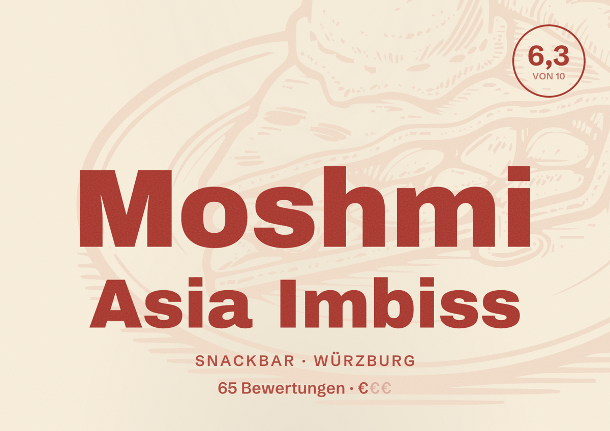 Illustriertes Poster von Moshmi Asia Imbiss, Snackbar in Würzburg: Bewertung 6,3 von 10 aus 65 Bewertungen, Preisniveau €