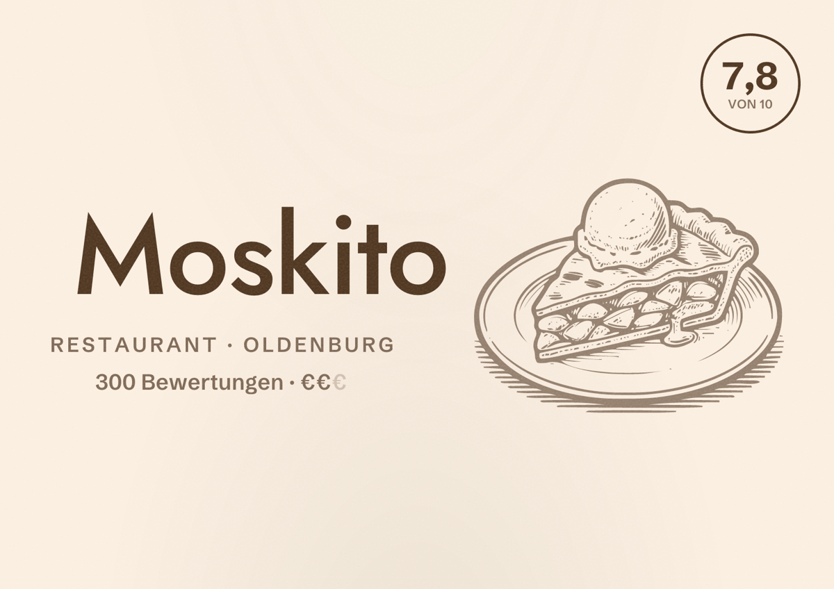 Illustriertes Poster von Moskito, Restaurant in Oldenburg: Bewertung 7,8 von 10 aus 300 Bewertungen, Preisniveau €€