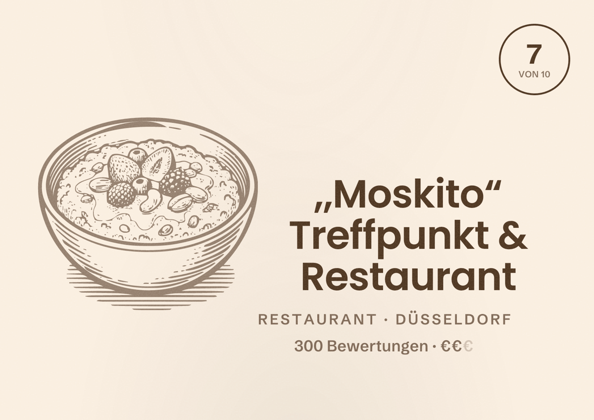 Illustriertes Poster von ,,Moskito“ Treffpunkt & Restaurant, Restaurant in Düsseldorf: Bewertung 7,0 von 10 aus 300 Bewertungen, Preisniveau €€