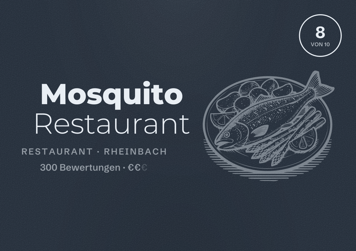 Illustriertes Poster von Mosquito Restaurant, Restaurant in Rheinbach: Bewertung 8 von 10 aus 300 Bewertungen, Preisniveau €€