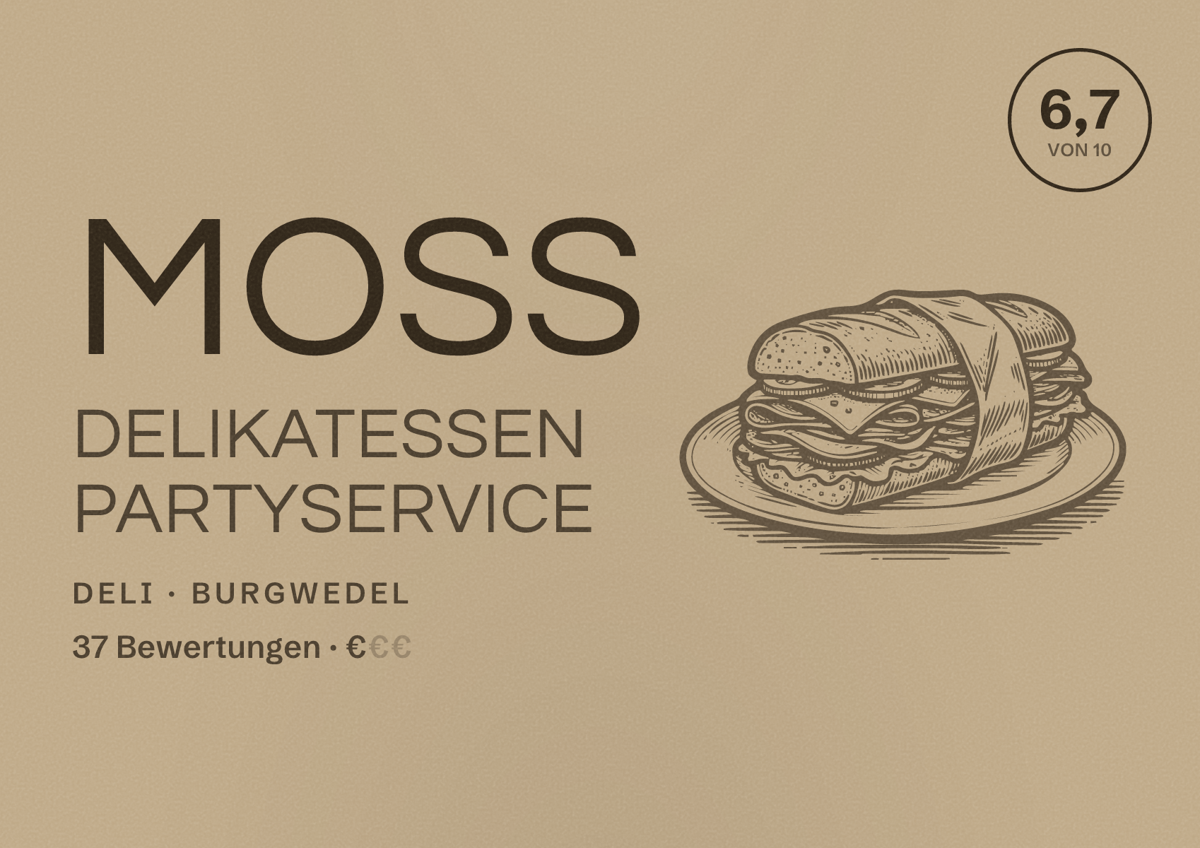 Illustriertes Poster von Moss Delikatessen Partyservice, Deli in Burgwedel: Bewertung 6,7 von 10 aus 37 Bewertungen, Preisniveau €