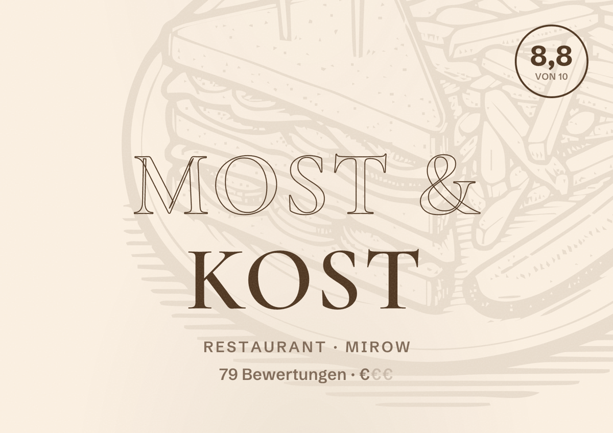 Illustriertes Poster von Most & Kost, Restaurant in Mirow: Bewertung 8,8 von 10 aus 79 Bewertungen, Preisniveau €