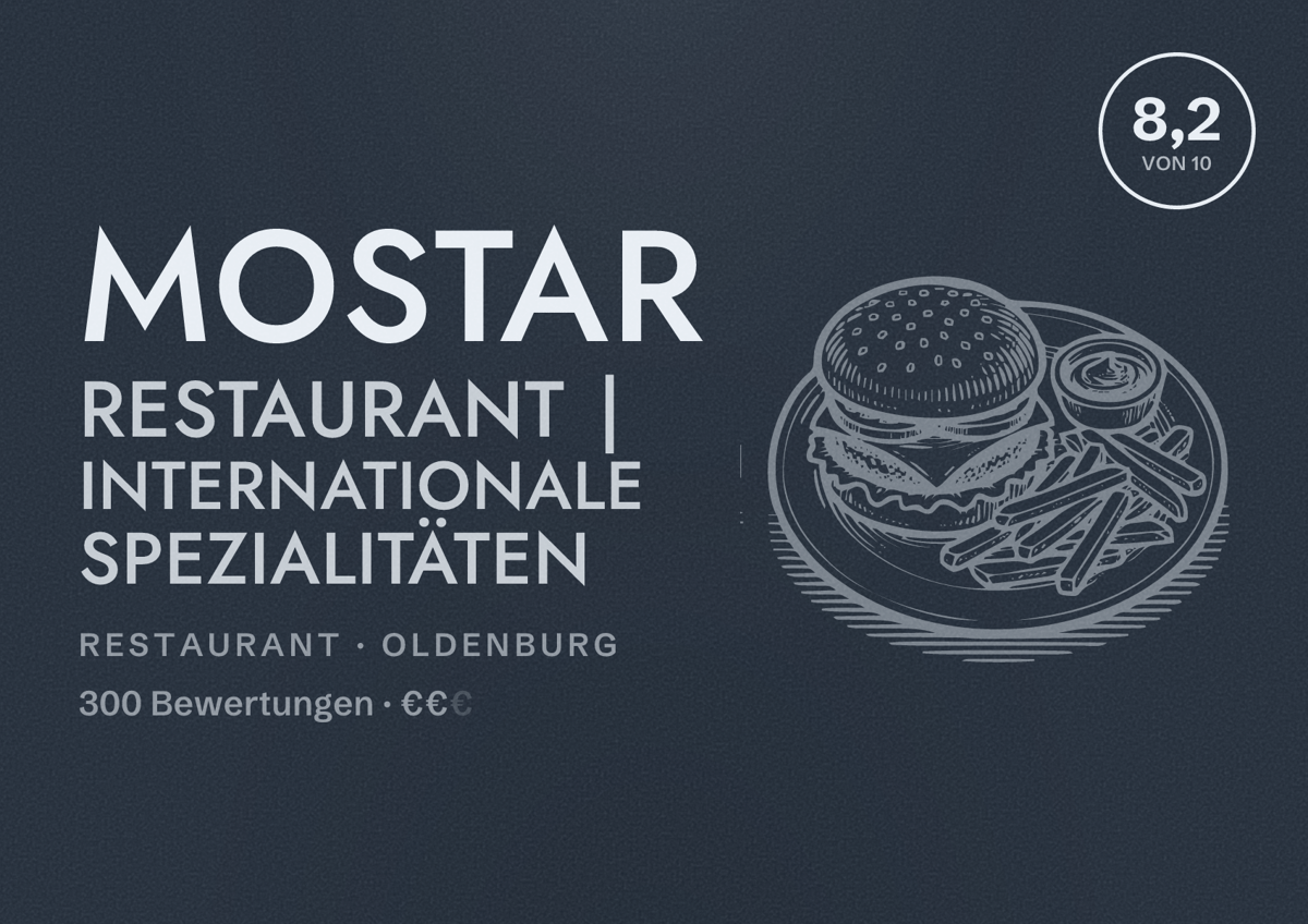 Illustriertes Poster von Mostar Restaurant | Internationale Spezialitäten, Restaurant in Oldenburg: Bewertung 8,2 von 10 aus 300 Bewertungen, Preisniveau €€