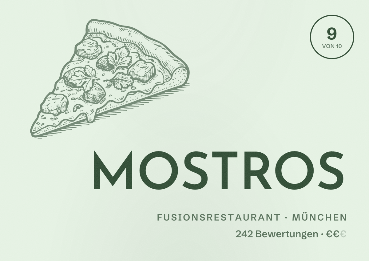 Illustriertes Poster von MOSTROS, Fusionsrestaurant in München: Bewertung 9,0 von 10 aus 242 Bewertungen, Preisniveau €€