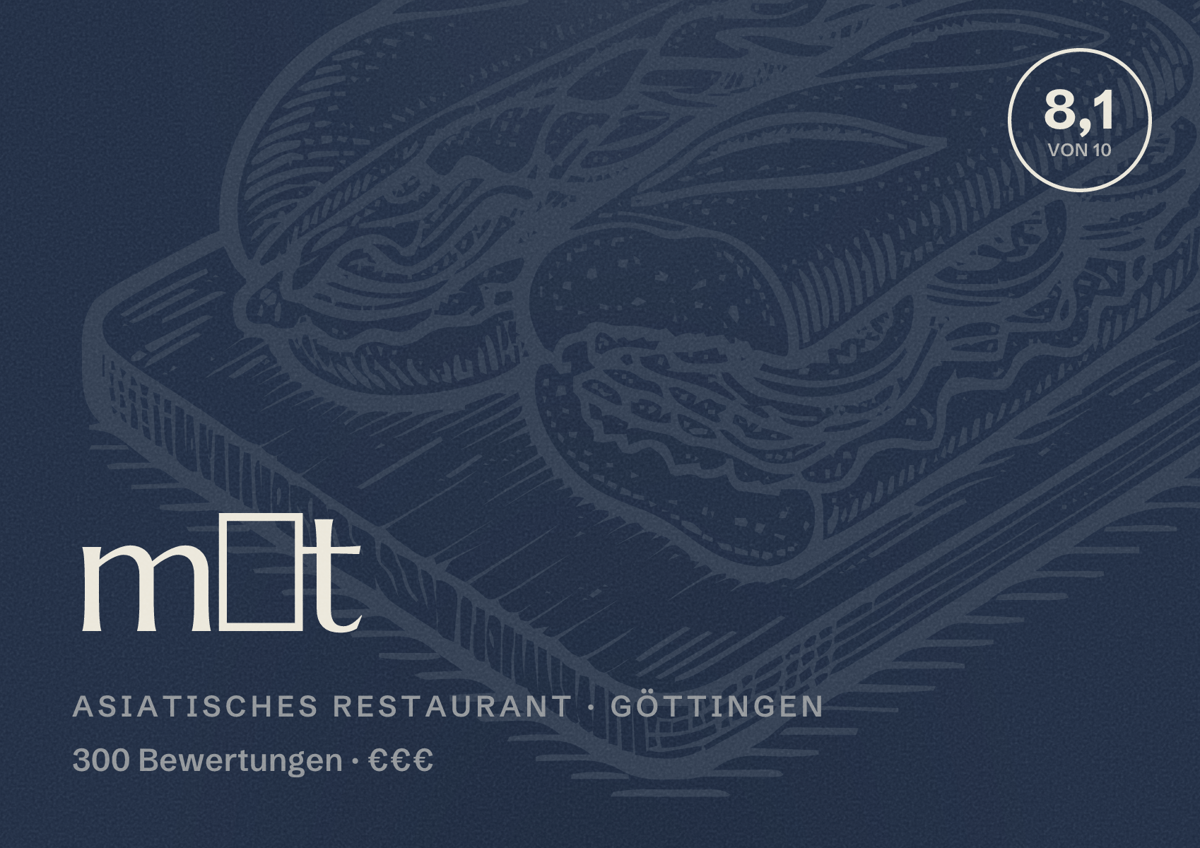 Illustriertes Poster von một, Asiatisches Restaurant in Göttingen: Bewertung 8,1 von 10 aus 300 Bewertungen, Preisniveau €€€