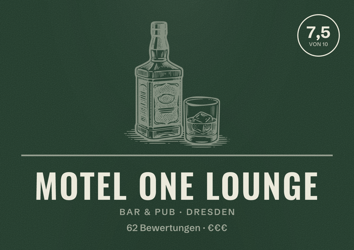 Illustriertes Poster von Motel One Lounge, Bar & Pub in Dresden: Bewertung 7,5 von 10 aus 62 Bewertungen, Preisniveau €€€