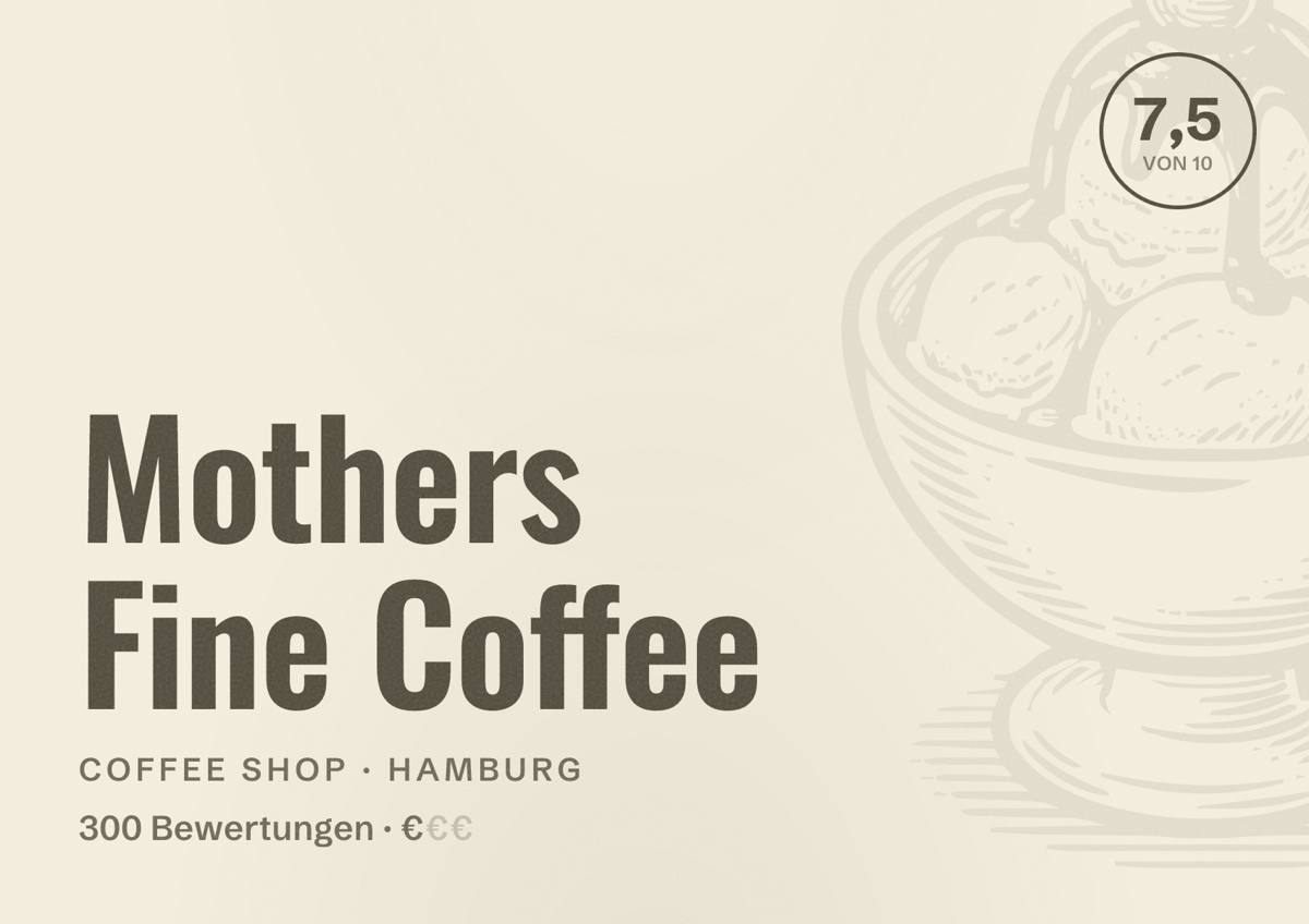 Illustriertes Poster von Mothers Fine Coffee, Coffee Shop in Hamburg: Bewertung 7,5 von 10 aus 300 Bewertungen, Preisniveau €
