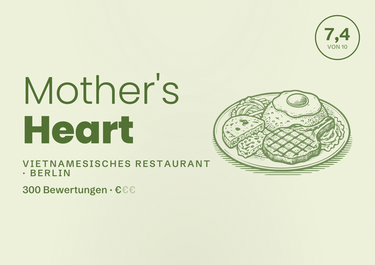 Illustriertes Poster von Mother's Heart, Vietnamesisches Restaurant in Berlin: Bewertung 7,4 von 10 aus 300 Bewertungen, Preisniveau €