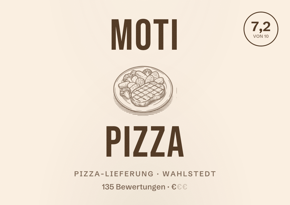 Illustriertes Poster von Moti Pizza, Pizza-Lieferung in Wahlstedt: Bewertung 7,2 von 10 aus 135 Bewertungen, Preisniveau €