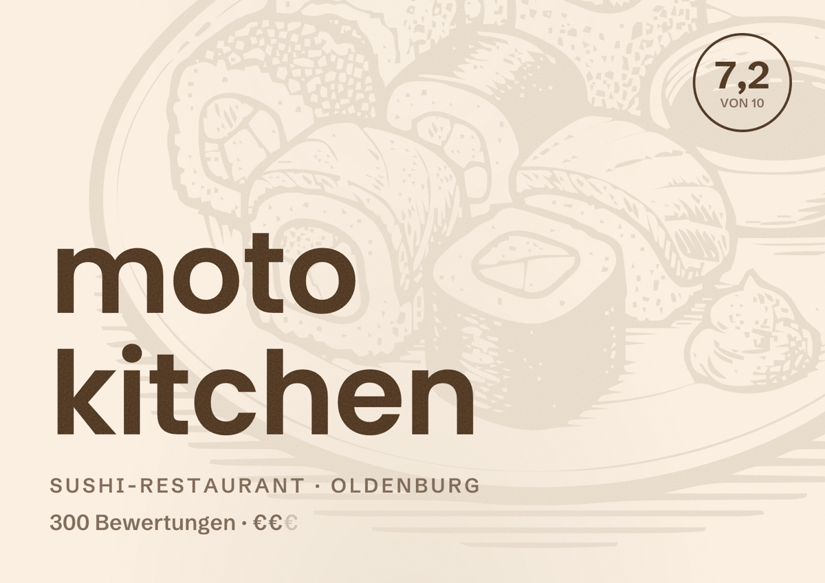 Illustriertes Poster von moto kitchen, Sushi-Restaurant in Oldenburg: Bewertung 7,2 von 10 aus 300 Bewertungen, Preisniveau €€