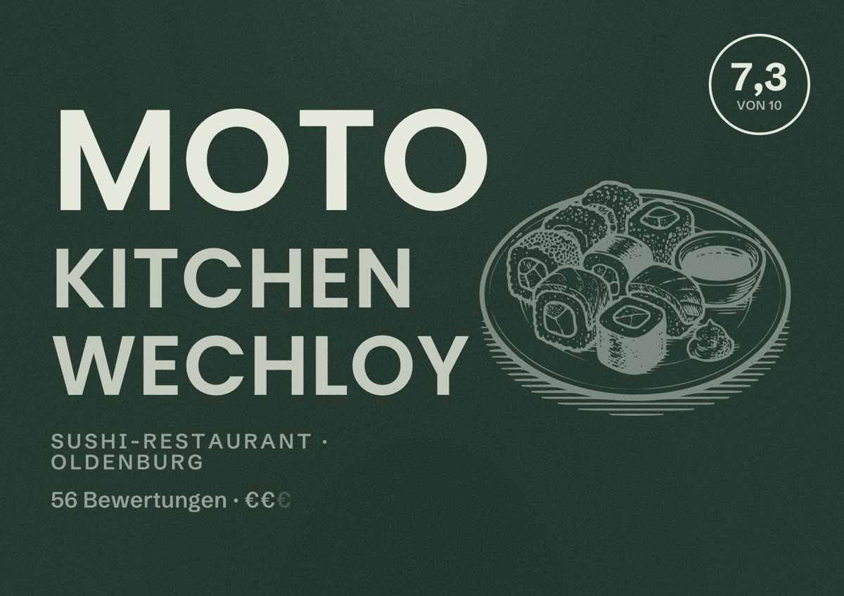 Illustriertes Poster von Moto Kitchen Wechloy, Sushi-Restaurant in Oldenburg: Bewertung 7,3 von 10 aus 56 Bewertungen, Preisniveau €€