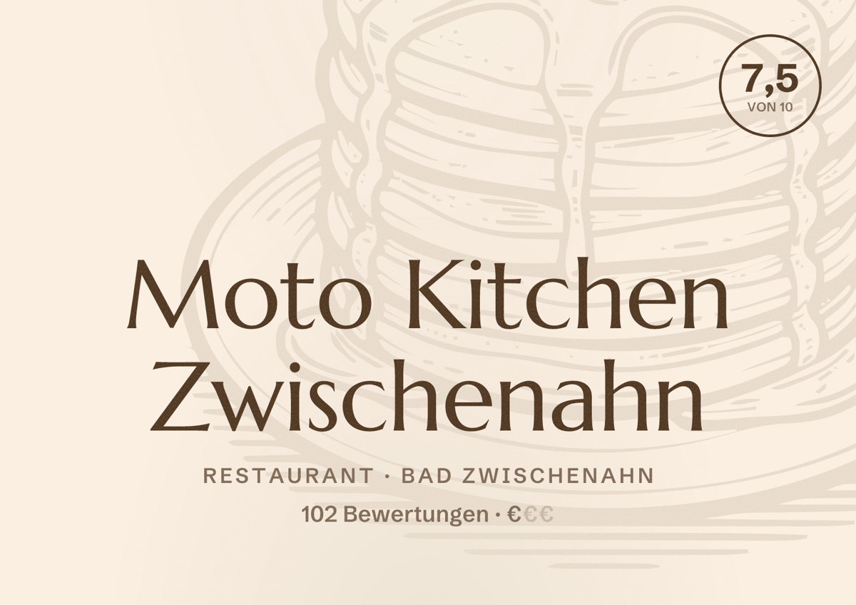Illustriertes Poster von Moto Kitchen Zwischenahn, Restaurant in Bad Zwischenahn: Bewertung 7,5 von 10 aus 102 Bewertungen, Preisniveau €