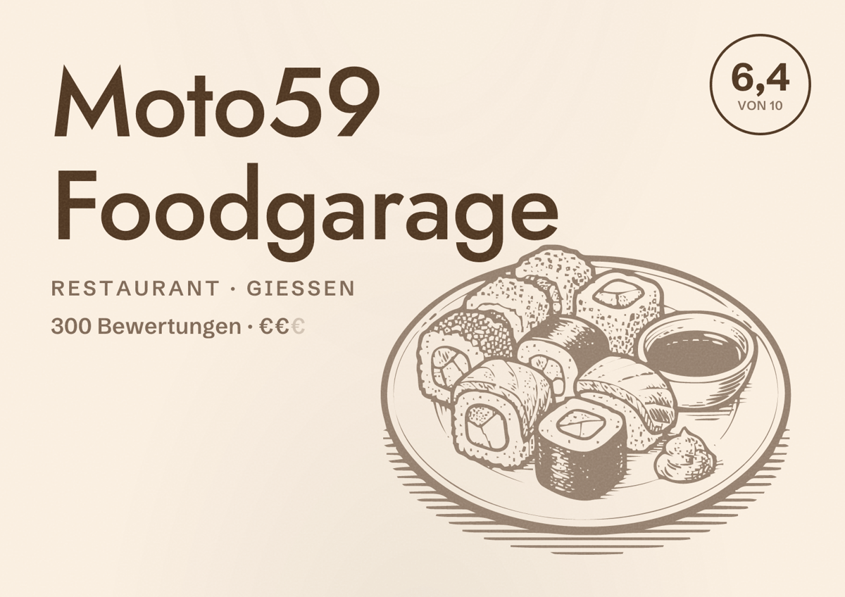 Illustriertes Poster von Moto59 Foodgarage, Restaurant in Gießen: Bewertung 6,4 von 10 aus 300 Bewertungen, Preisniveau €€