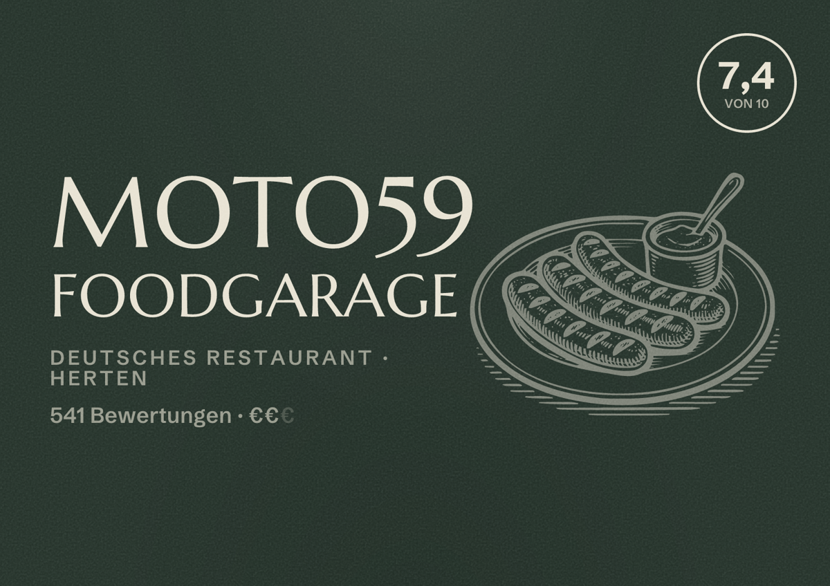 Illustriertes Poster von Moto59 Foodgarage, Deutsches Restaurant in Herten: Bewertung 7,4 von 10 aus 541 Bewertungen, Preisniveau €€