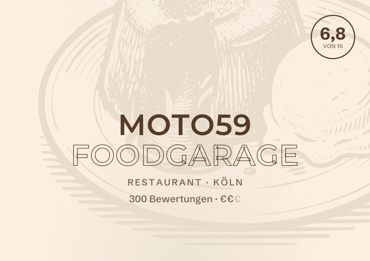 Illustriertes Poster von Moto59 Foodgarage, Restaurant in Köln: Bewertung 6,8 von 10 aus 300 Bewertungen, Preisniveau €€