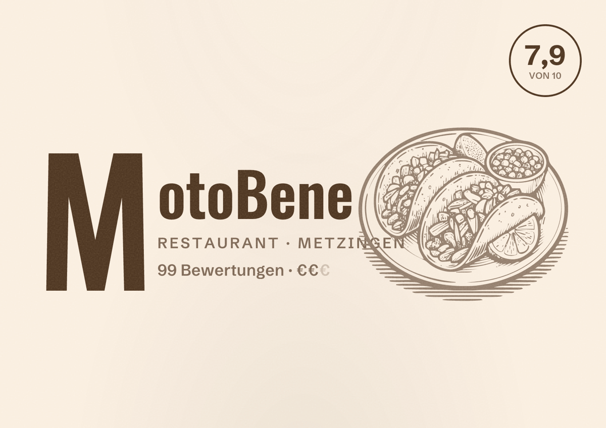 Illustriertes Poster von MotoBene, Restaurant in Metzingen: Bewertung 7,9 von 10 aus 99 Bewertungen, Preisniveau €€
