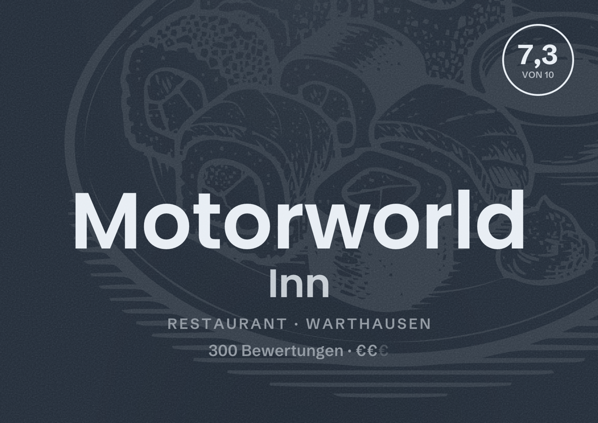 Illustriertes Poster von Motorworld Inn, Restaurant in Warthausen: Bewertung 7,3 von 10 aus 300 Bewertungen, Preisniveau €€