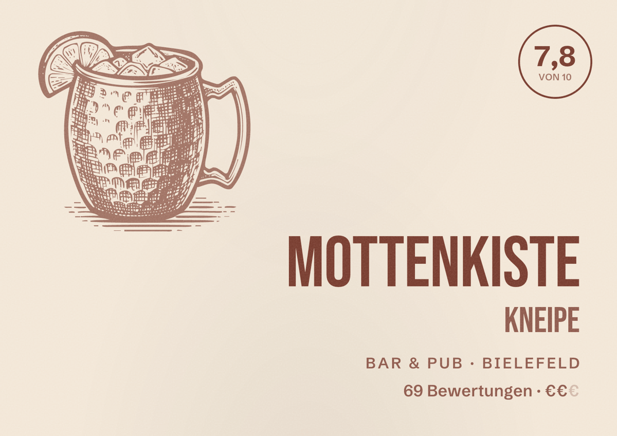 Illustriertes Poster von Mottenkiste Kneipe, Bar & Pub in Bielefeld: Bewertung 7,8 von 10 aus 69 Bewertungen, Preisniveau €€
