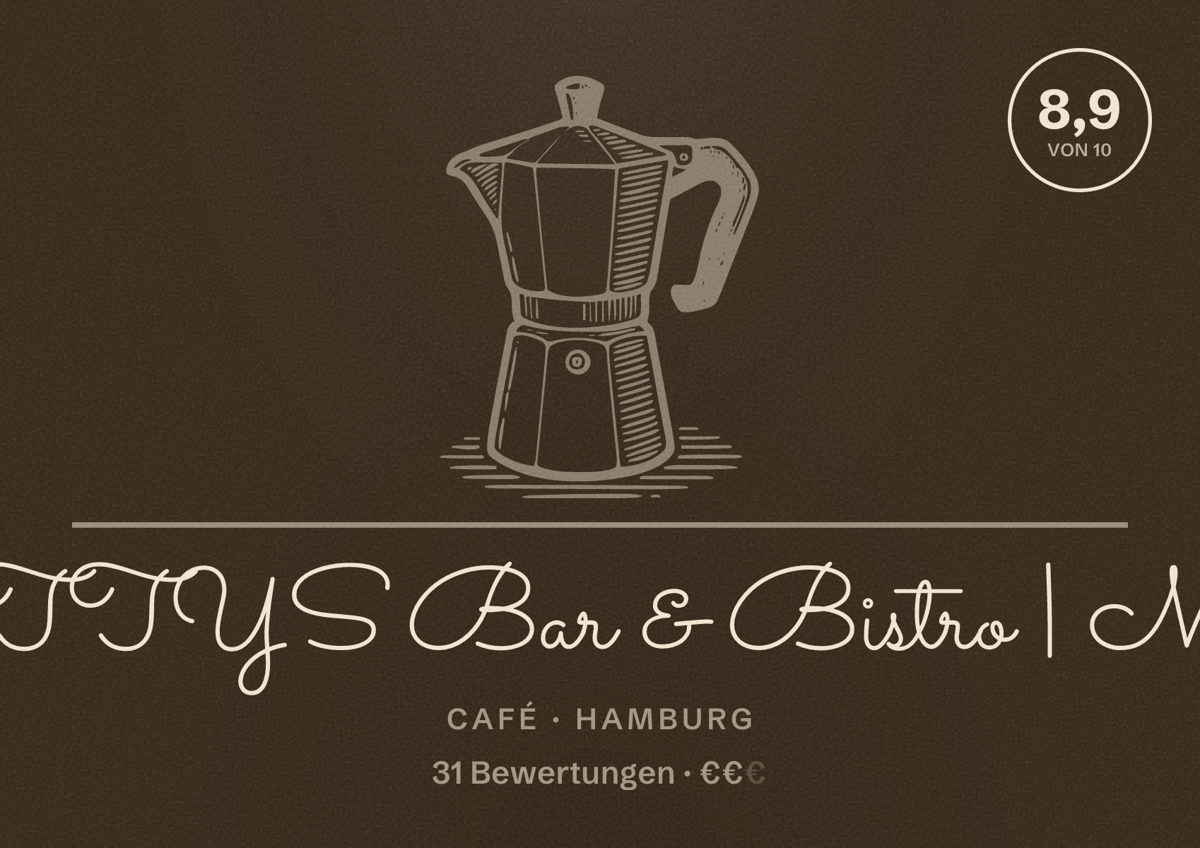 Illustriertes Poster von MOTTYS Bar & Bistro | MHC, Café in Hamburg: Bewertung 8,9 von 10 aus 31 Bewertungen, Preisniveau €€