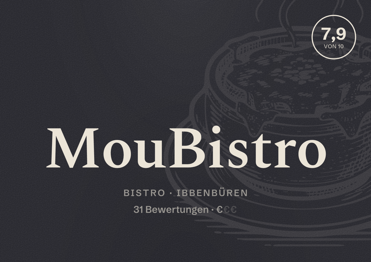 Illustriertes Poster von MouBistro, Bistro in Ibbenbüren: Bewertung 7,9 von 10 aus 31 Bewertungen, Preisniveau €