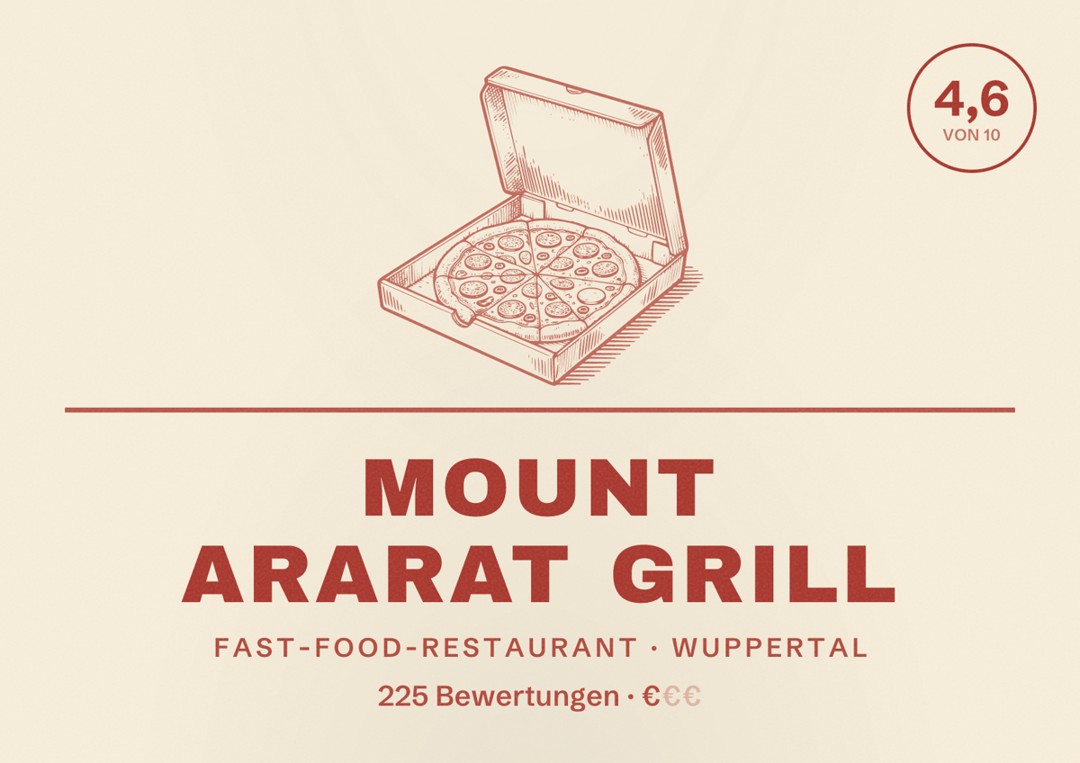 Illustriertes Poster von Mount Ararat Grill, Fast-Food-Restaurant in Wuppertal: Bewertung 4,6 von 10 aus 225 Bewertungen, Preisniveau €