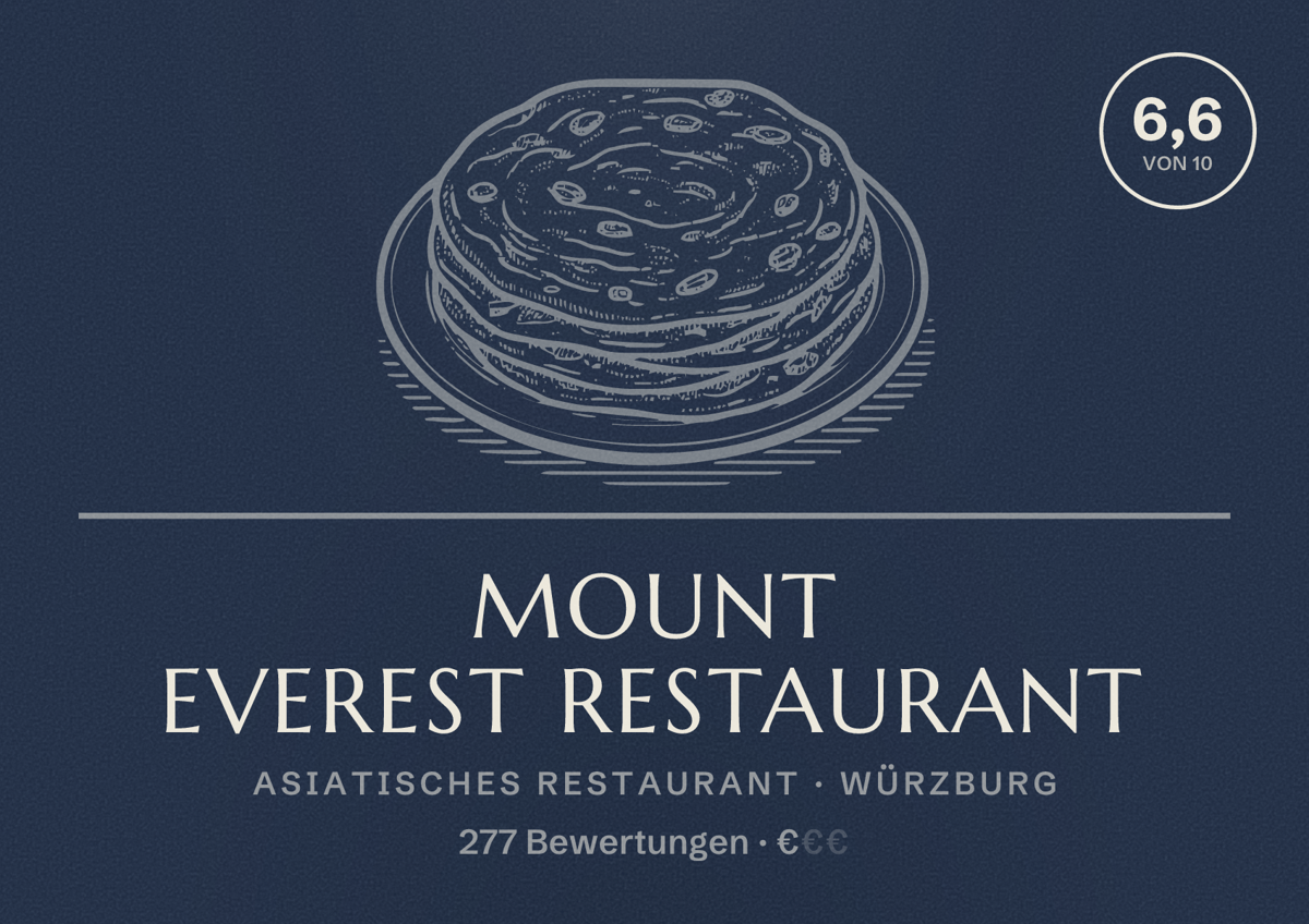 Illustriertes Poster von Mount Everest Restaurant, Asiatisches Restaurant in Würzburg: Bewertung 6,6 von 10 aus 277 Bewertungen, Preisniveau €