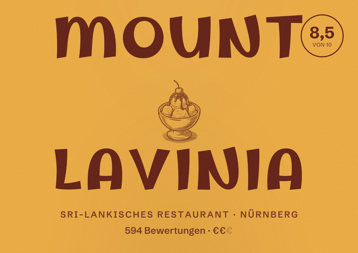 Illustriertes Poster von Mount Lavinia, Sri-Lankisches Restaurant in Nürnberg: Bewertung 8,5 von 10 aus 594 Bewertungen, Preisniveau €€