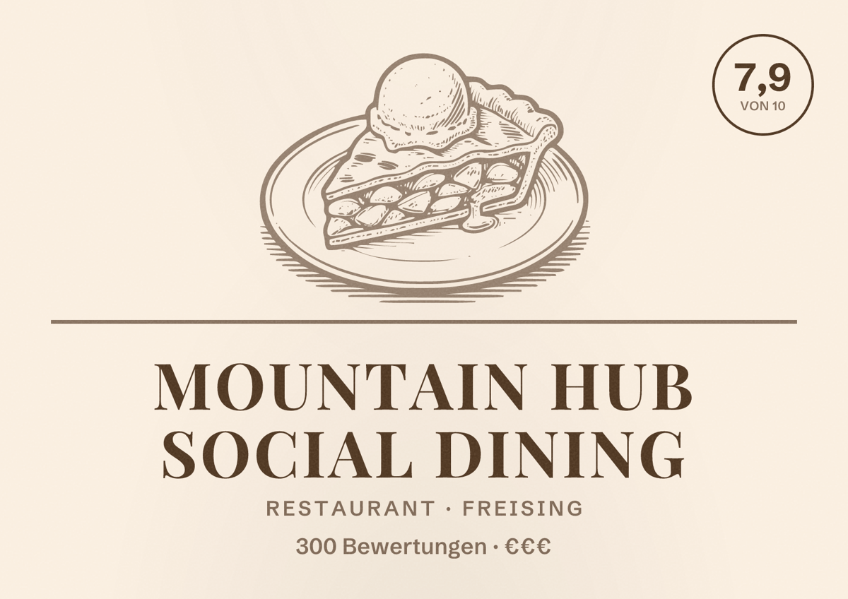 Illustriertes Poster von Mountain Hub Social Dining, Restaurant in Freising: Bewertung 7,9 von 10 aus 300 Bewertungen, Preisniveau €€€