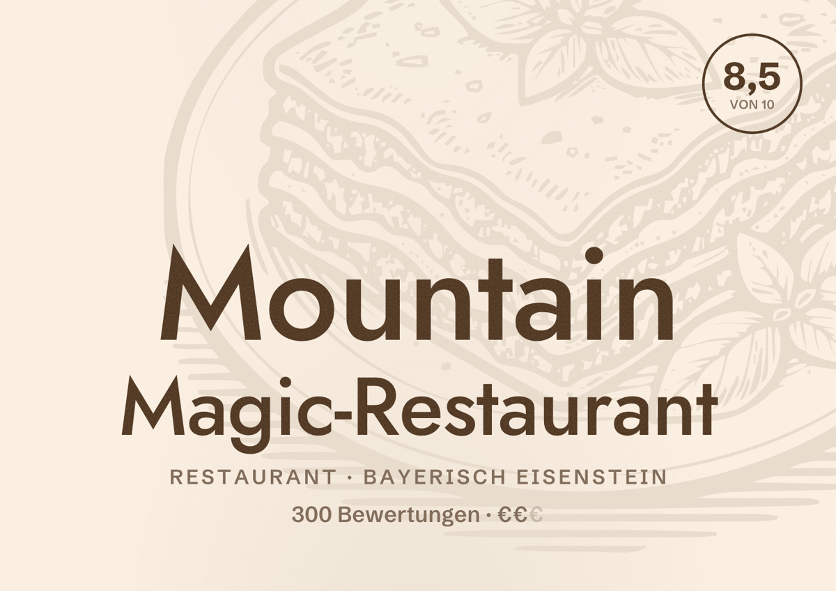 Illustriertes Poster von Mountain Magic-Restaurant, Restaurant in Bayerisch Eisenstein: Bewertung 8,5 von 10 aus 300 Bewertungen, Preisniveau €€