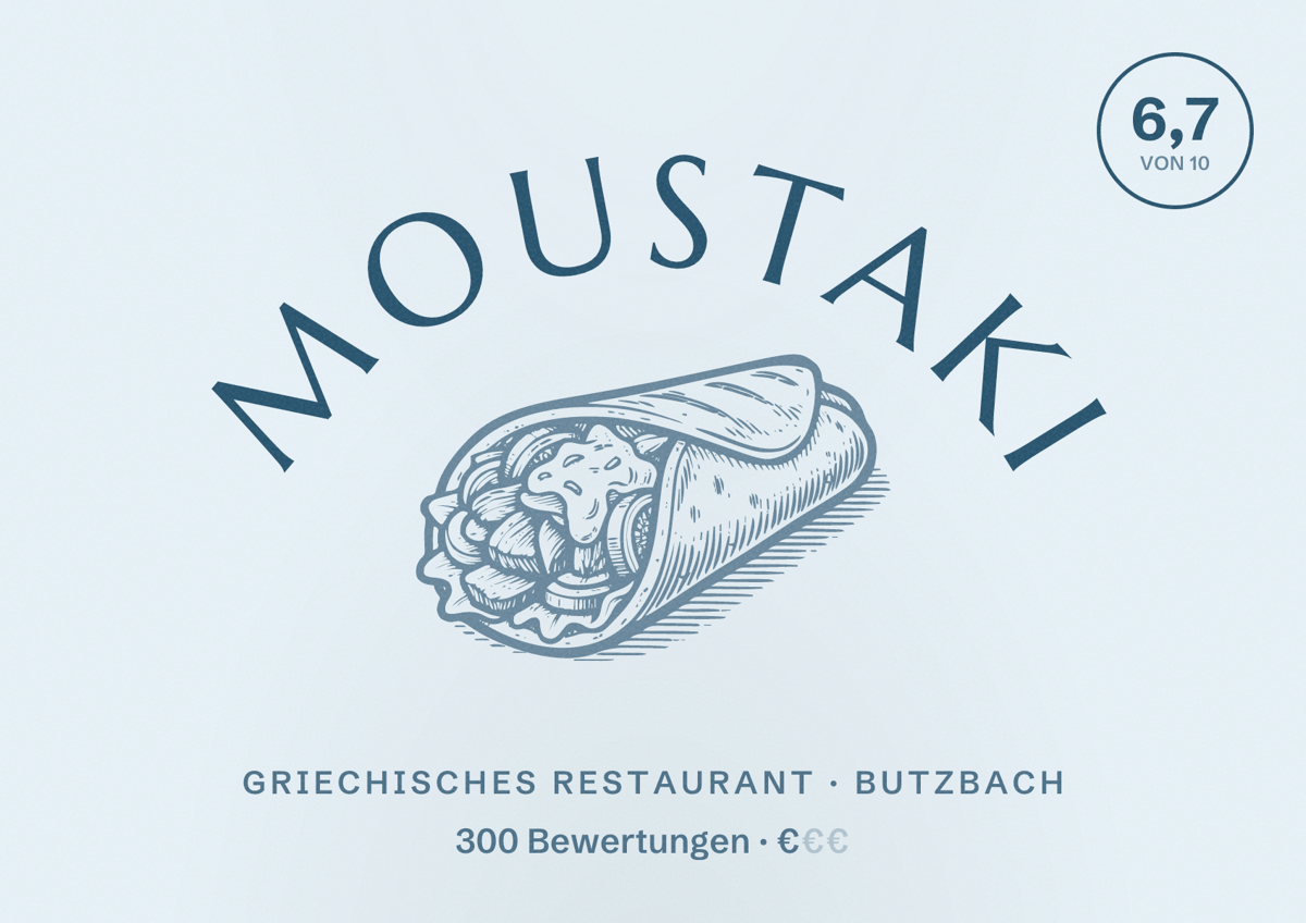 Illustriertes Poster von Moustaki, Griechisches Restaurant in Butzbach: Bewertung 6,7 von 10 aus 300 Bewertungen, Preisniveau €