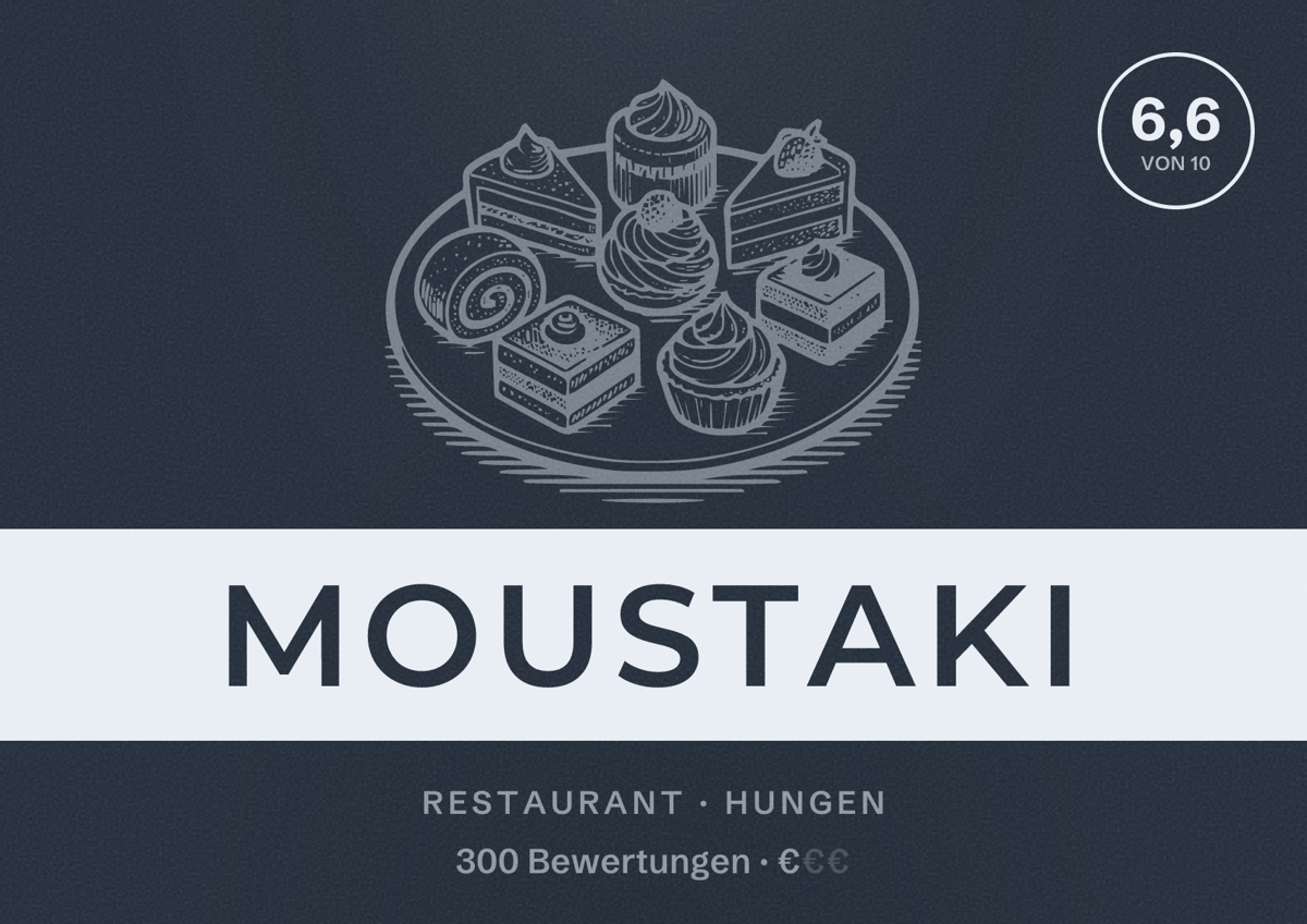 Illustriertes Poster von Moustaki, Restaurant in Hungen: Bewertung 6,6 von 10 aus 300 Bewertungen, Preisniveau €