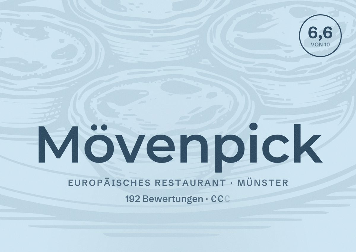 Illustriertes Poster von Mövenpick, Europäisches Restaurant in Münster: Bewertung 6,6 von 10 aus 192 Bewertungen, Preisniveau €€