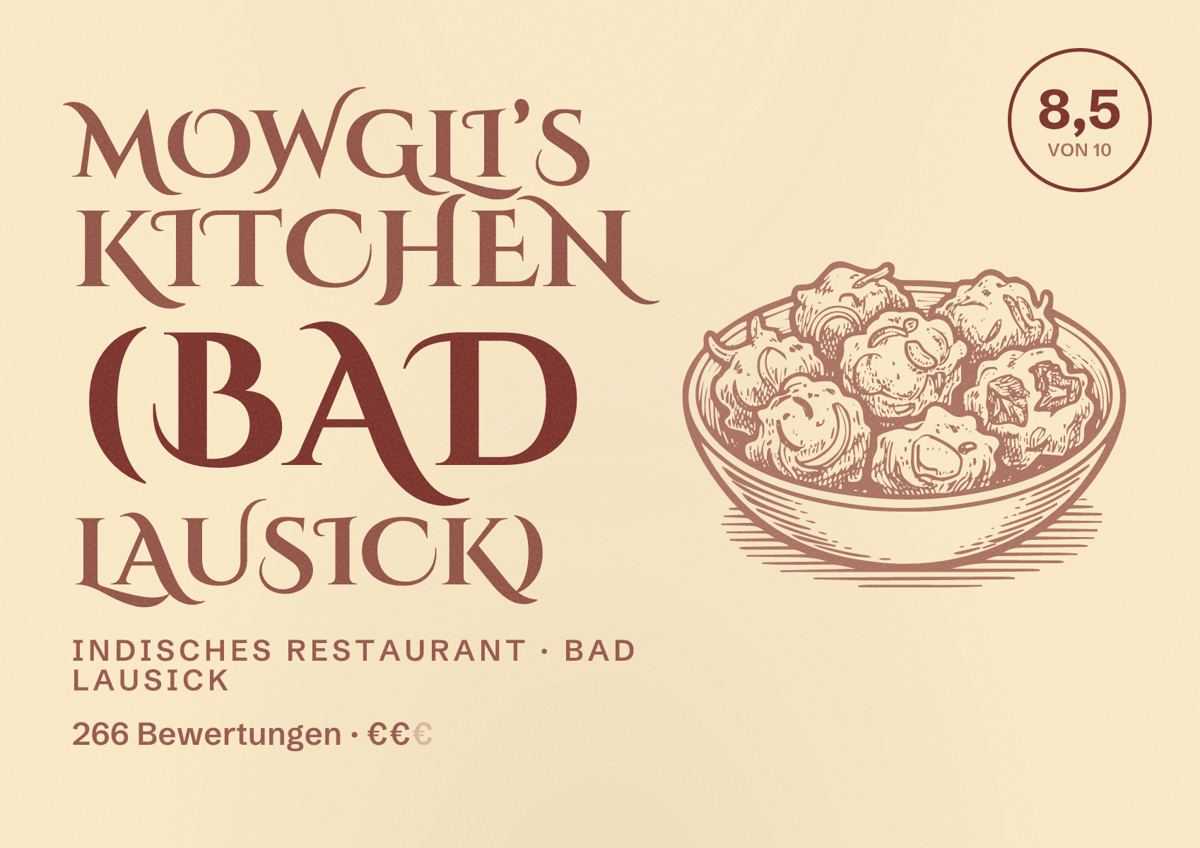 Illustriertes Poster von Mowgli’s kitchen (Bad Lausick), Indisches Restaurant in Bad Lausick: Bewertung 8,5 von 10 aus 266 Bewertungen, Preisniveau €€