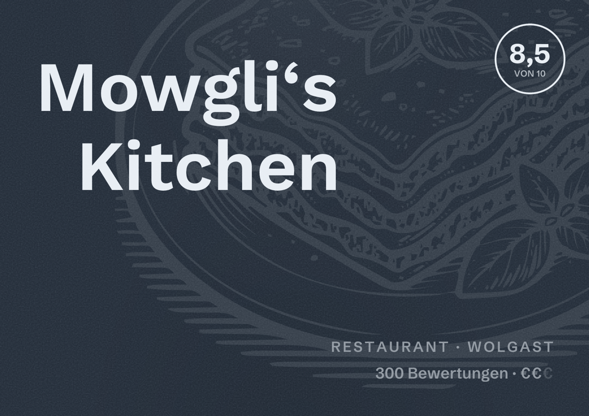 Illustriertes Poster von Mowgli‘s Kitchen, Restaurant in Wolgast: Bewertung 8,5 von 10 aus 300 Bewertungen, Preisniveau €€