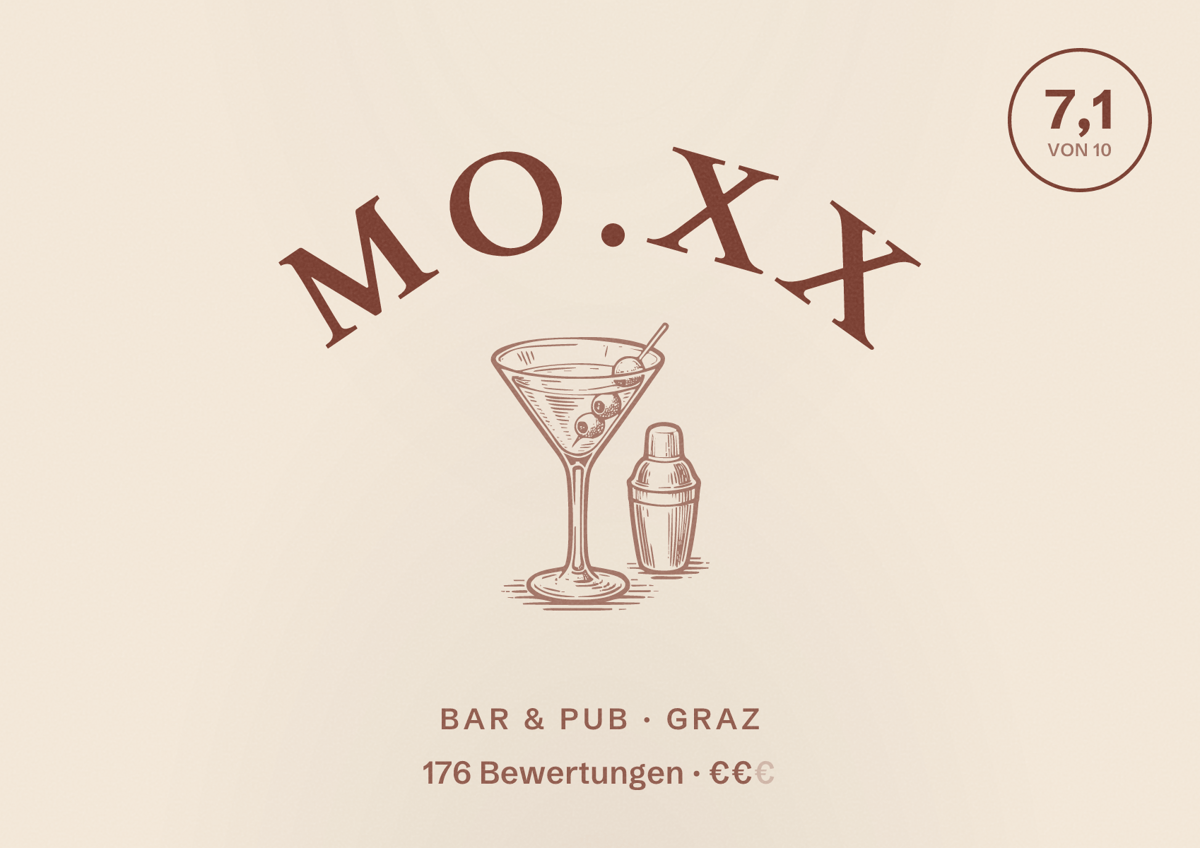 Illustriertes Poster von mo.xx, Bar & Pub in Graz: Bewertung 7,1 von 10 aus 176 Bewertungen, Preisniveau €€