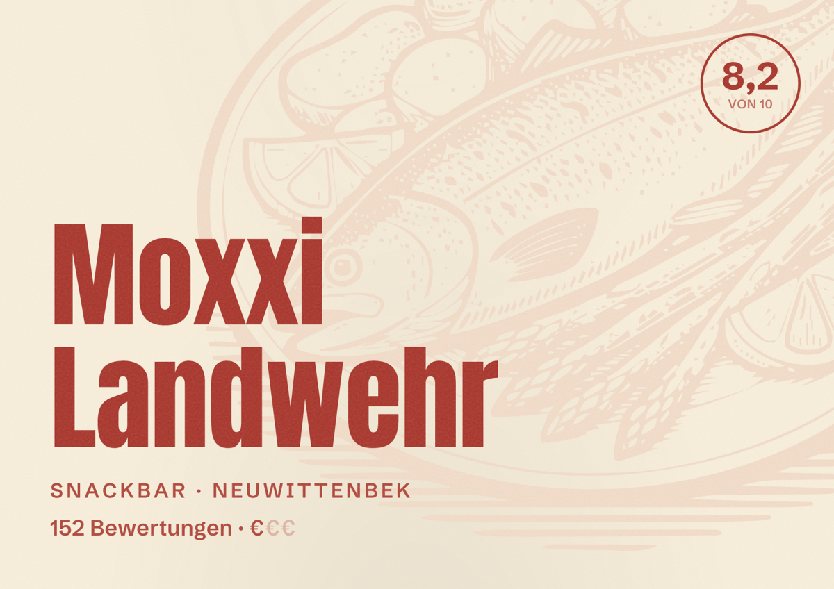 Illustriertes Poster von Moxxi Landwehr, Snackbar in Neuwittenbek: Bewertung 8,2 von 10 aus 152 Bewertungen, Preisniveau €