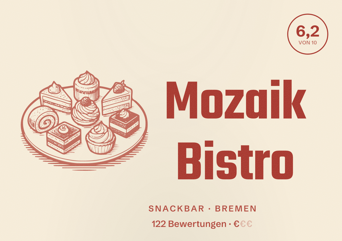 Illustriertes Poster von Mozaik Bistro, Snackbar in Bremen: Bewertung 6,2 von 10 aus 122 Bewertungen, Preisniveau €