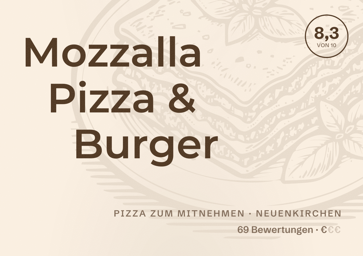 Illustriertes Poster von Mozzalla Pizza & Burger, Pizza zum Mitnehmen in Neuenkirchen: Bewertung 8,3 von 10 aus 69 Bewertungen, Preisniveau €