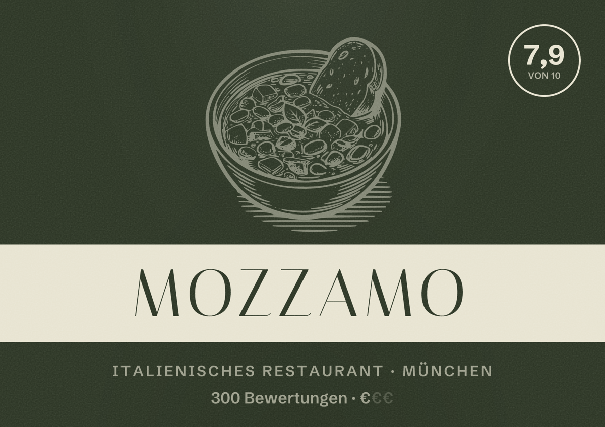 Illustriertes Poster von Mozzamo, Italienisches Restaurant in München: Bewertung 7,9 von 10 aus 300 Bewertungen, Preisniveau €